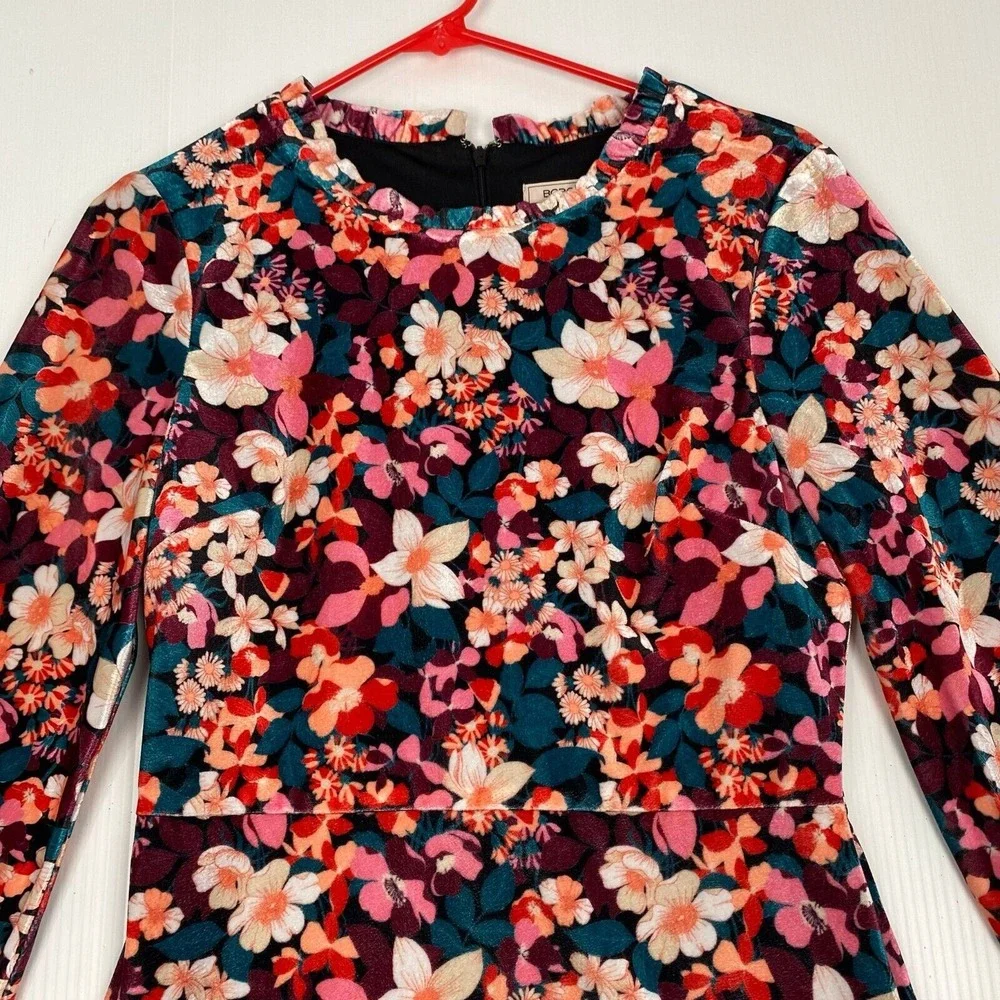 Bcbgeneration Velvet Floral Print Ruffle Trim Colorful Mini Dress Size 4 - Picture 13 of 13